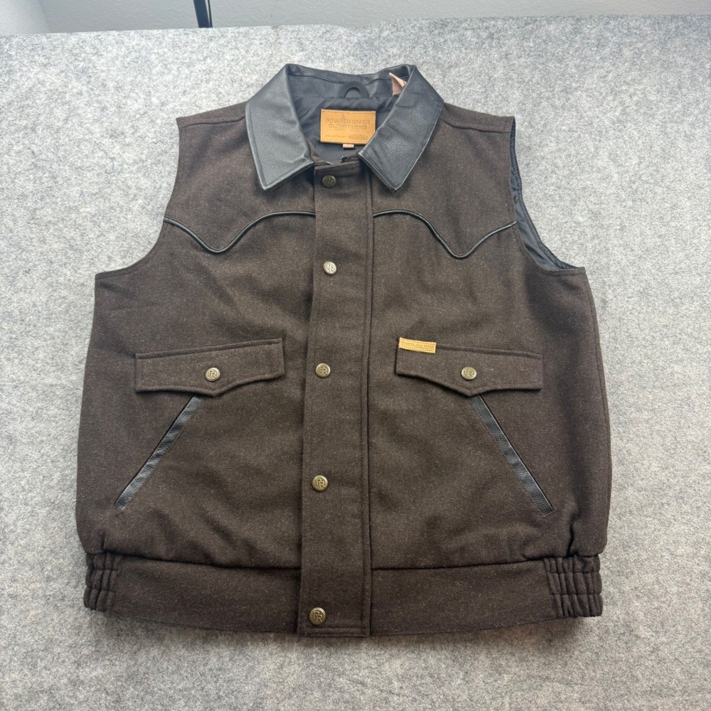 Powder River Panhandle Vest Mens L Brown Wool Western Yoke Leather Trim Zip